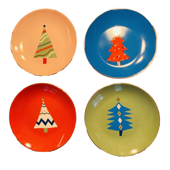 Rare PIER 1 Christmas Tree Plate Set (4) Colorful Holiday Appetizer Canape 6” - Picture 1 of 10
